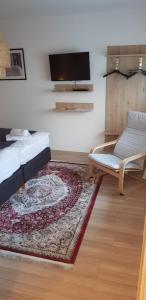 a living room with a tv and a couch and a rug at Studio apartman Relax in Đakovo