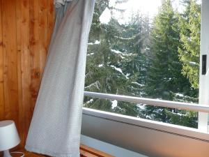 マリッレーヴァにあるAppartamento Sole Altoの雪に覆われた木の景色を望む窓