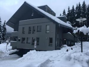 a house covered in snow with a pile of snow at Apartman Harrachov in Harrachov
