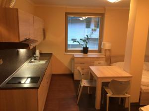 a kitchen with a sink and a table and a window at Apartman Harrachov in Harrachov