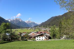 a village in a valley with mountains in the background at Haus Monteiro in Elbigenalp