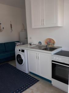 cocina con fregadero y lavadora en Blue Coral apartament, en Velipojë