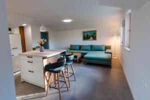 a kitchen and living room with a couch and chairs at Vineyard cottage Radulja in Smarjeske Toplice