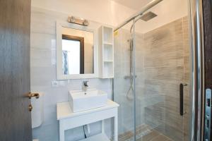 a white bathroom with a sink and a shower at Casa Alexandru – Locul în care te simți acasă in Vişeu de Jos