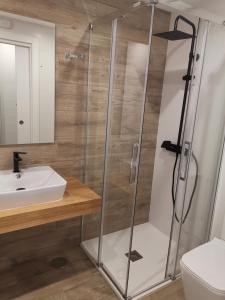 a bathroom with a shower and a sink at Alumar Apartamentos Muxia in Muxia