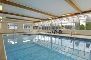 a large swimming pool in a building with windows at Travelodge by Wyndham Salmon Arm BC in Salmon Arm