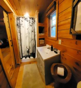 baño con lavabo y aseo y ventana en Lil' Log at Hearthstone Cabins and Camping - Pet Friendly, en Helen