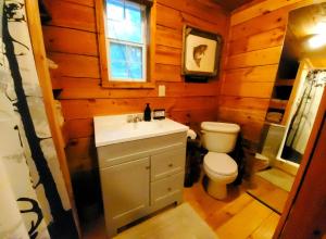 a bathroom with a toilet and a sink at Lil' Log at Hearthstone Cabins and Camping - Pet Friendly in Helen
