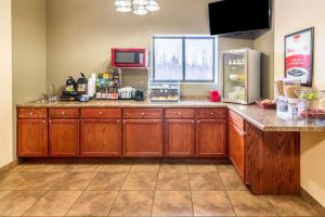 a kitchen with wooden cabinets and a counter with a refrigerator at Econo Lodge by Choicehotels in Cadillac