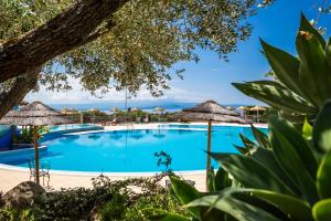 a swimming pool with umbrellas and the ocean at Hotel Santa Chiara in Capo Vaticano