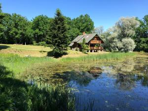 a house on a field next to a pond at Vecskrīveri in Dundaga