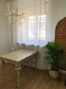 una mesa y una planta en una habitación con ventana en Apartamenty Numer 6, en Lublin