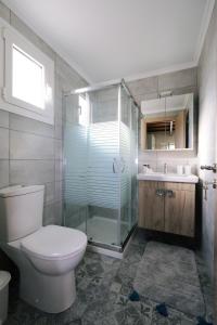 a bathroom with a toilet and a shower and a sink at Thealassa in Kalliópi