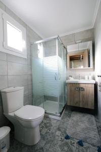 a bathroom with a toilet and a shower and a sink at Thealassa in Kalliópi