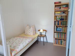 1 dormitorio con 1 cama y estantería con libros en Ferienwohnung West - Alte Schule Sachswitz en Greiz