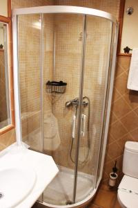 a shower in a bathroom with a sink and a toilet at Hotel Rural Molino del Albaicín in Sabiote