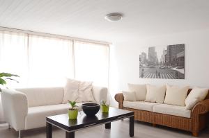 a living room with two couches and a coffee table at Appartements am Bodensee Nähe Konstanz in Ermatingen