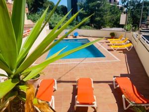 una piscina con tumbonas naranjas y una planta en Eva Aparthotel en Lloret de Mar