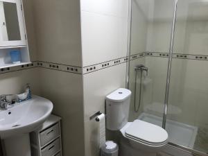 a bathroom with a shower and a toilet and a sink at Apartamento Finisterrae in Fisterra +9 photos