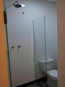 a bathroom with a toilet and a shower stall at Hotel Gaia (Adult Only) in São Paulo