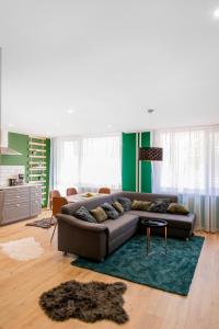 a living room with a couch and a rug at Flora Apartment Kosice Center in Košice