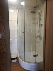 a shower with a glass door in a bathroom at Słoneczne Zacisze in Miłomłyn