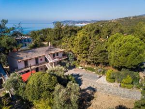 an aerial view of a house with trees and the ocean at Studios Litsa in Pefkari