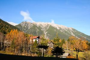 una montaña en la distancia con una casa y árboles en Landhaus Linser en Tarrenz