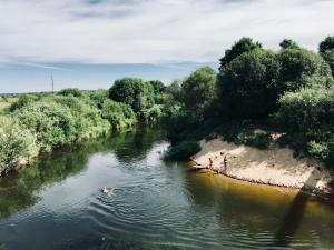 a river with a group of people swimming in it at Pakrantė in Dituva
