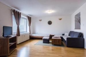 uma sala de estar com um sofá e uma televisão em Apartmány Humenné em Humenné