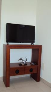 a flat screen tv on top of a wooden stand at Casa do Mosteiro de Refoios do Lima in Ponte de Lima