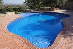 a large swimming pool with blue water in a yard at Cortijo del Aguila in Mojácar