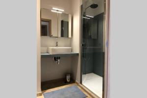 un bagno con doccia e lavandino di Villa Fogata à l'Ile Rousse vue mer exceptionnelle a LʼÎle-Rousse