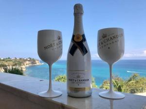 a bottle of wine and two wine glasses on a ledge at Bonsai in Tropea
