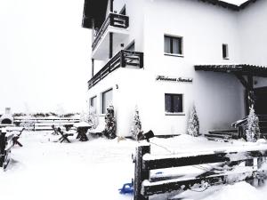 a building covered in snow with benches in front of it at Pensiunea Soarelui in Fundata