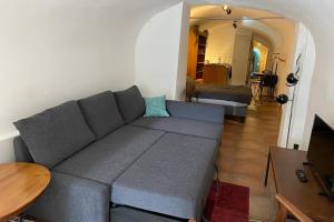 ein Wohnzimmer mit einer grauen Couch und einem Tisch in der Unterkunft Werfkelder aan de Oudegracht in Utrecht + 13 Fotos