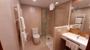 a bathroom with a shower and a toilet and a sink at Hotel Urogallo in Vielha +31 photos