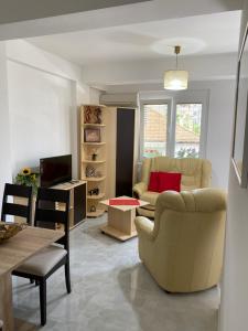 ein Wohnzimmer mit einem Sofa und einem Tisch in der Unterkunft Anastazija Apartment in Ohrid