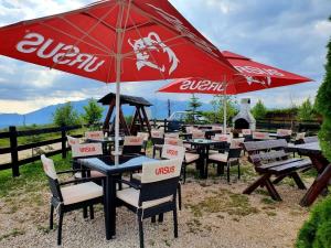 a group of tables and chairs under an umbrella at Pensiunea Soarelui in Fundata