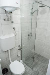 ein Bad mit einem WC und einer Glasdusche in der Unterkunft D&D apartments in Subotica