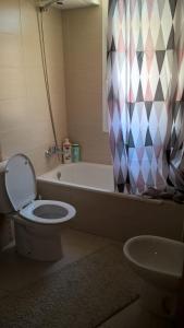 uma casa de banho com um WC e uma banheira com uma cortina de chuveiro em Apartaments en La Cala Primera em Mijas Costa