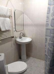 een badkamer met een wastafel, een toilet en een spiegel bij Hotel Edem in Tsachkadzor