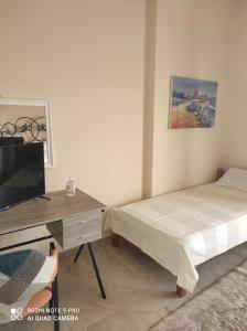 a bedroom with a bed and a desk with a television at Aktaion in Milina