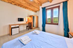 una camera con un letto blu e una finestra di St. Nicholas Pension a Patara