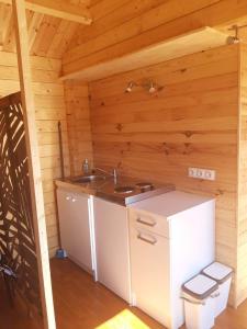 a bathroom with a sink in a wooden cabin at Chalet de fred in Saint-Ouen-de-Mimbré