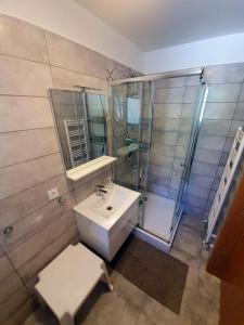 a bathroom with a sink and a shower at Apartment Ana in Izola