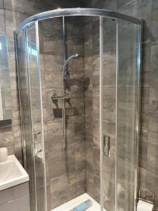 a shower stall in a bathroom with a sink at Cosy Executive City Apartment in Doncaster