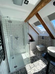 a bathroom with a glass shower and a toilet at Willa Oktawia in Niechorze +161 photos