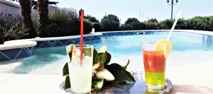 dos bebidas sentadas en una mesa junto a una piscina en Villa Magnolia Umag, en Umag
