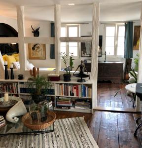 uma sala de estar com uma cama e uma estante de livros em Quai 17 Maison d'hôtes em Estrasburgo